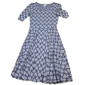 Lularoe Nicole Peacock Feather Dress M Fit and Flare Blue Gray Knit Fits Small